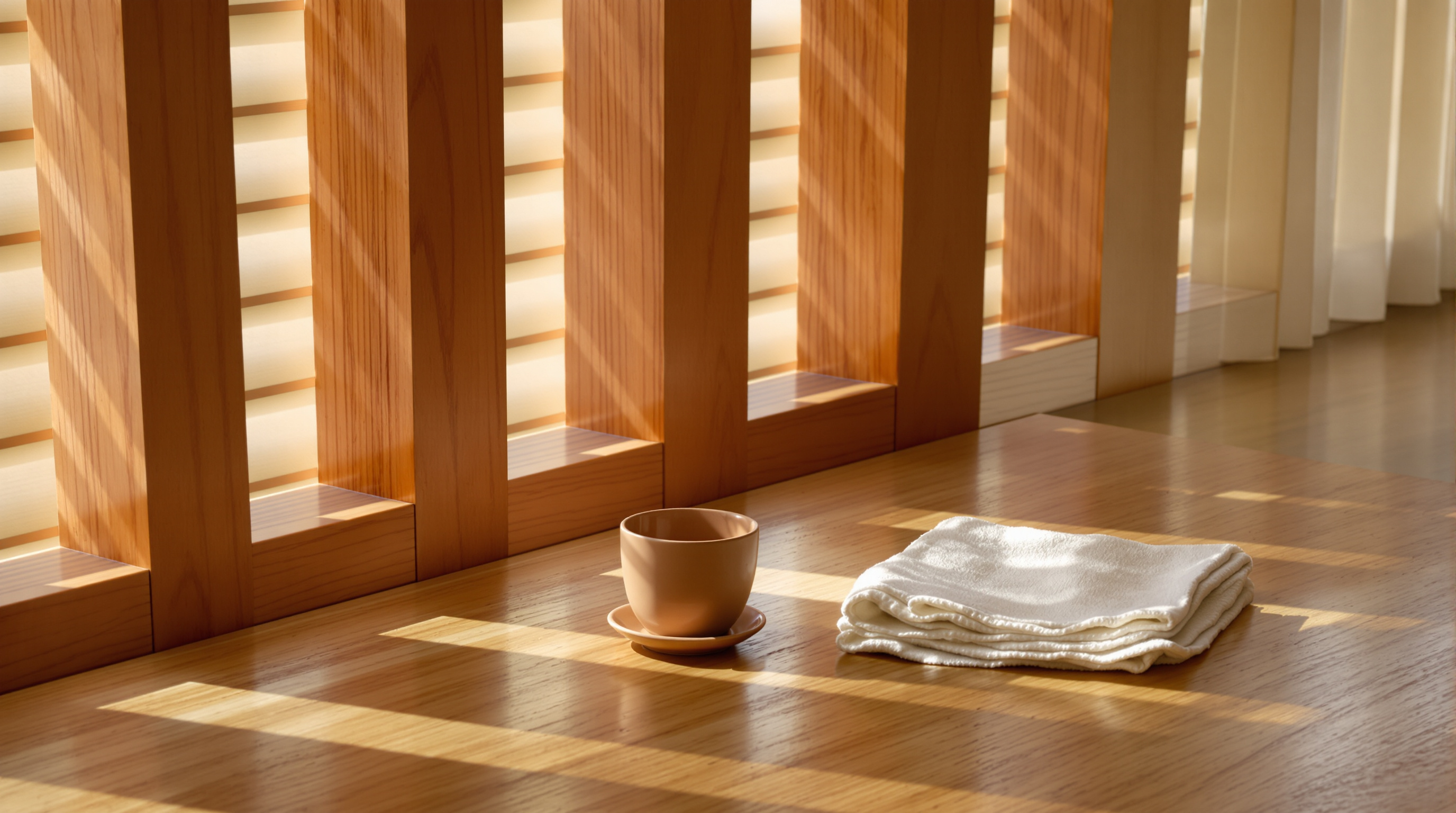 A clay cup and a small folded cloth on a low wooden table by a slatted window, late afternoon light across the grain