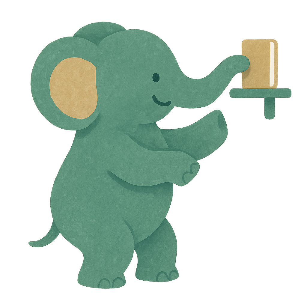 The painted gouache Phayan elephant sliding a small closed book onto a shelf with its trunk