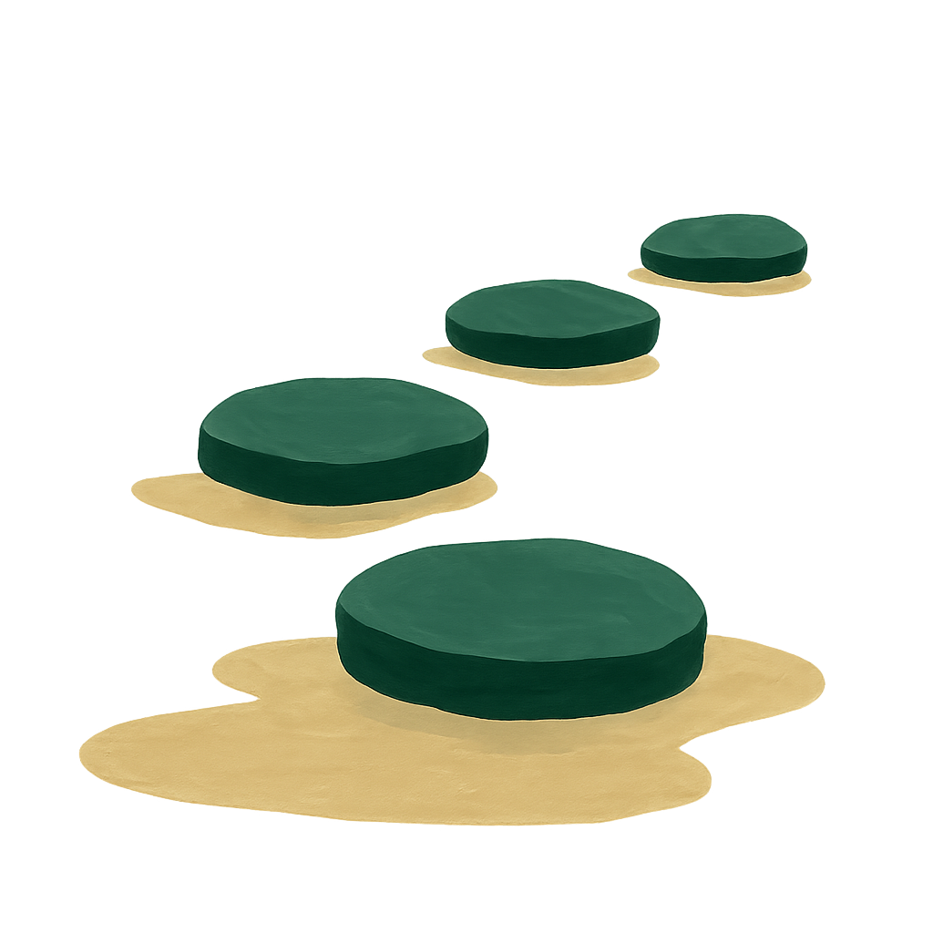 Painted gouache stepping stones crossing shallow water, the gap between each stone wider than the one before it