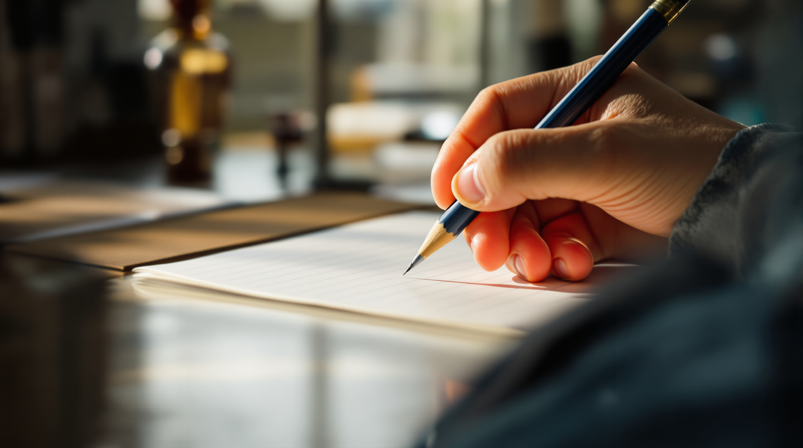 A hand resting a pencil on a blank ruled page mid-stroke, in warm window light