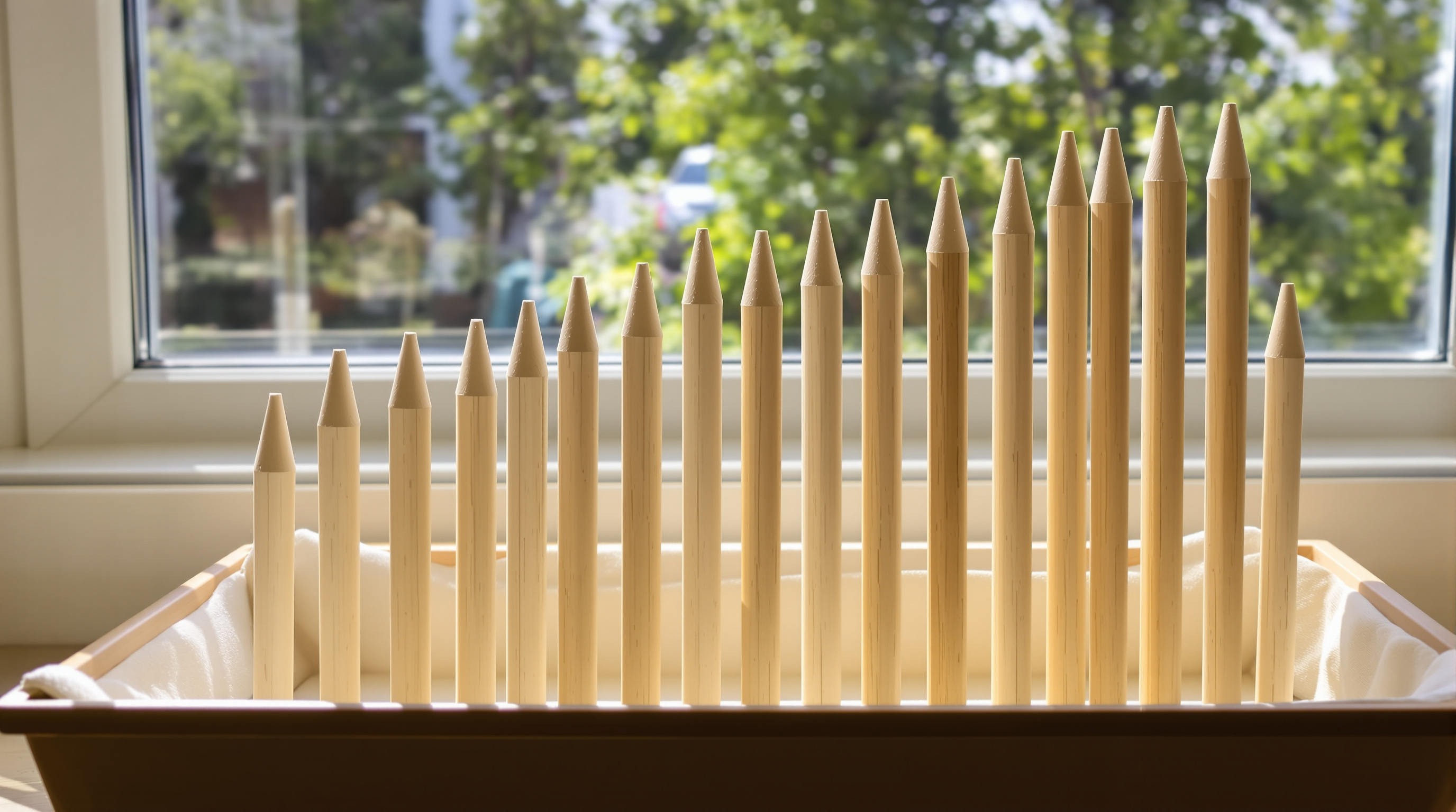 Wooden dowels standing in a tray in rising order, with one near the end out of sequence.