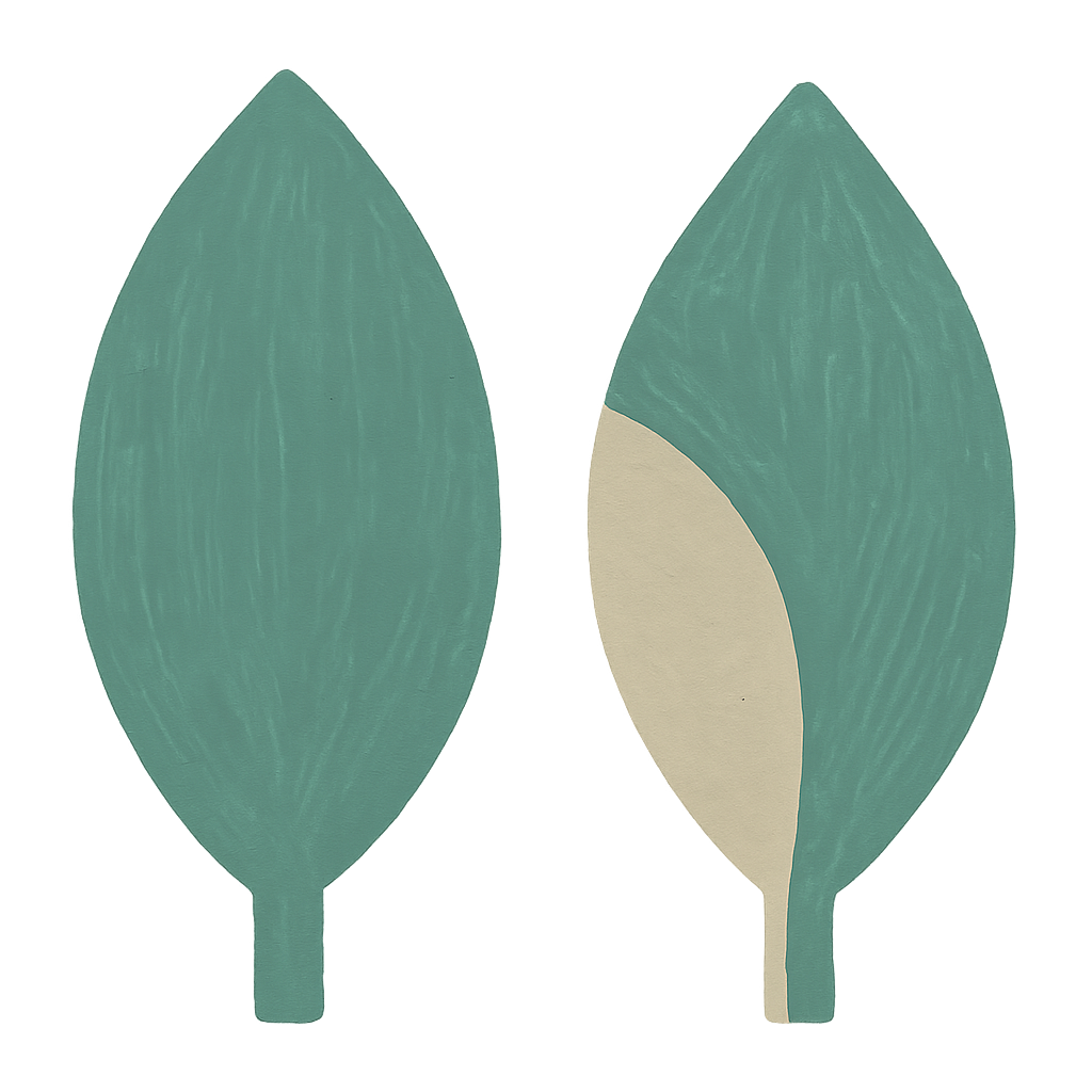 Two painted leaves of the same outline, one whole and one assembled from two pieces along a seam.