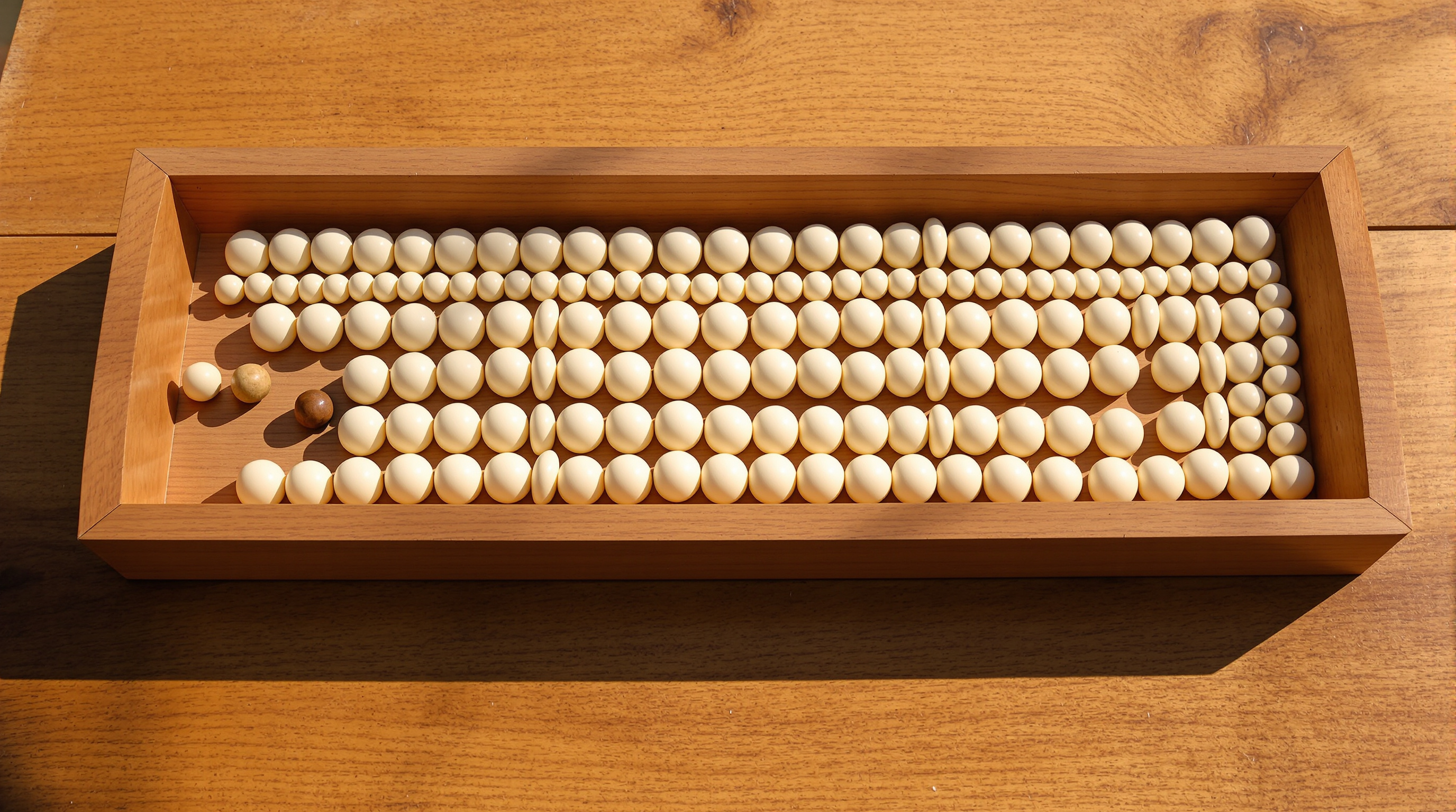 A shallow teak tray on a sunlit wooden table packed with rows of identical cream wooden beads, two darker beads lifted out and set apart at the near corner