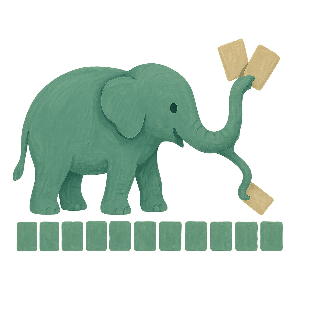 The Phayan elephant in jade gouache using its trunk to lift a few odd oat-coloured tiles out of a long row of jade tiles