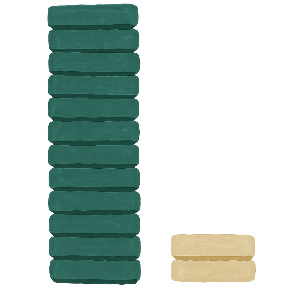 Gouache illustration of a tall stack of jade bars beside a stack of only two oat-coloured bars