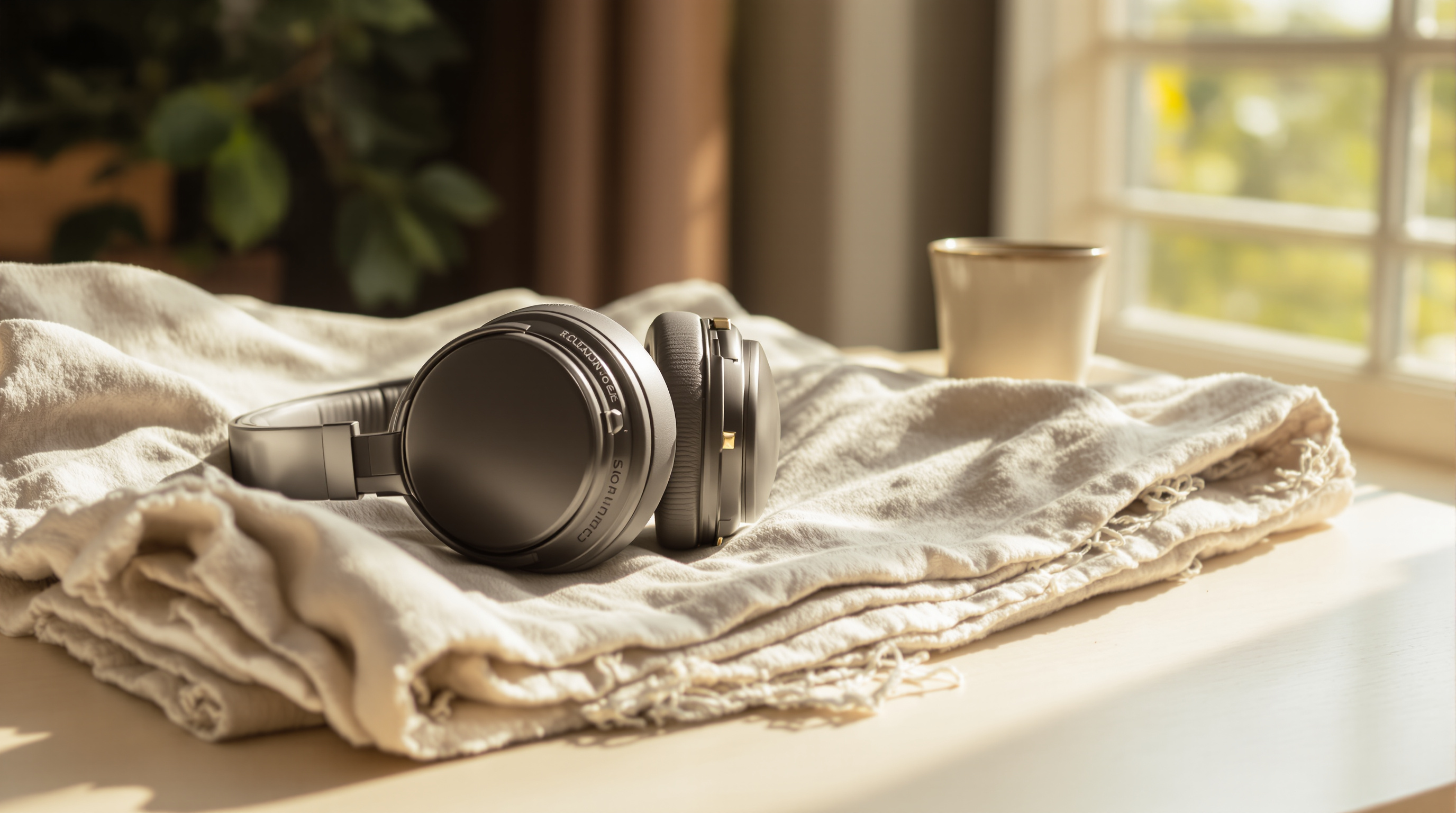 Over-ear headphones resting on folded linen beside a ceramic cup in morning sun