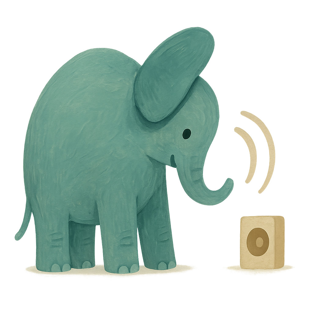 The Phayan elephant listening, a small jade sound curve arcing from its ear toward a tiny speaker