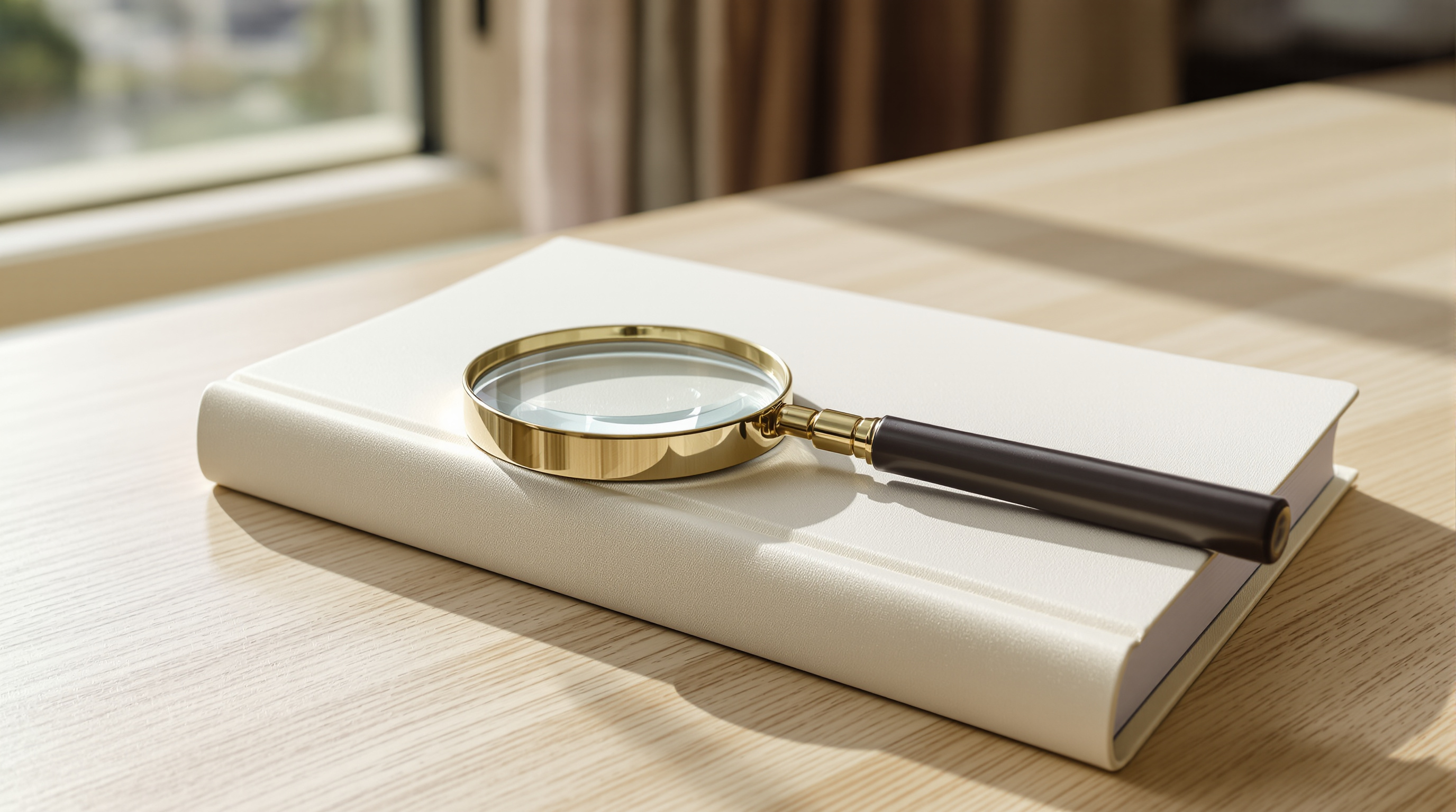 A closed cream cloth-bound book with a magnifying glass resting on its cover