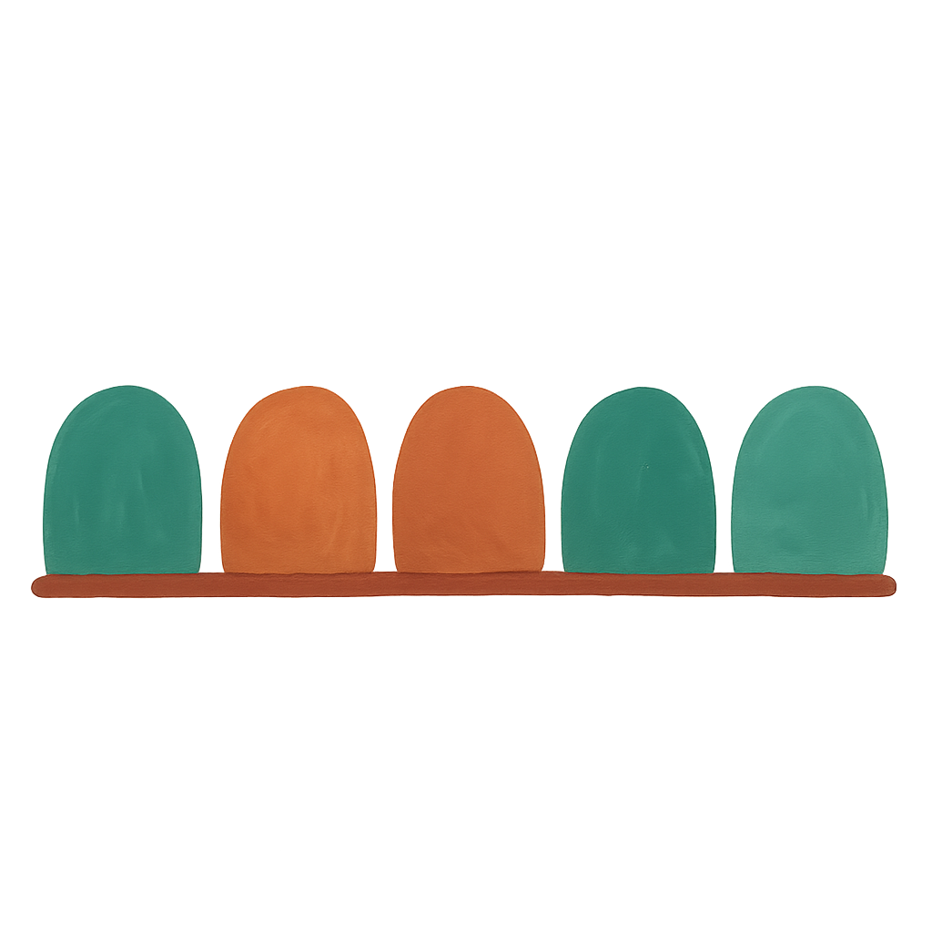 Five rounded shapes in a row, identical in outline but each a different shade