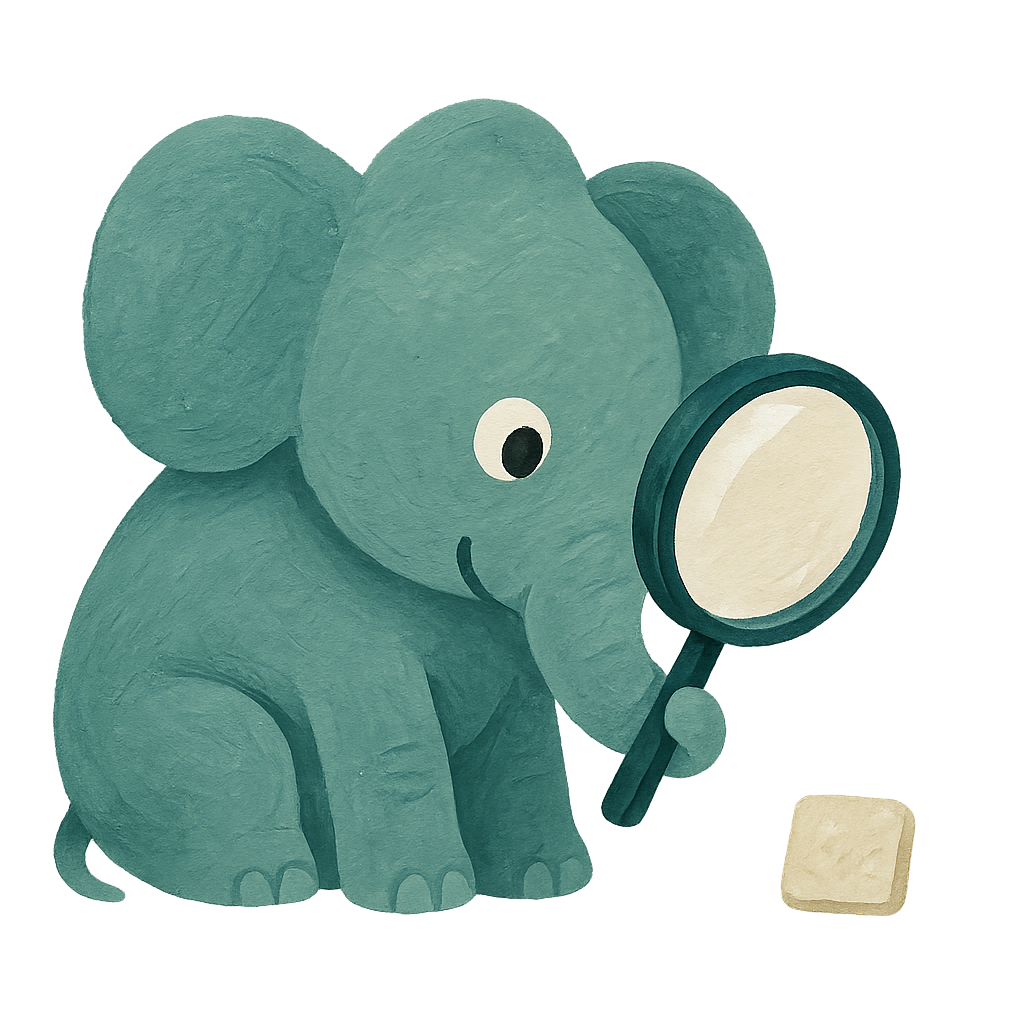 The Phayan elephant peering through a magnifying glass at a small oat tile
