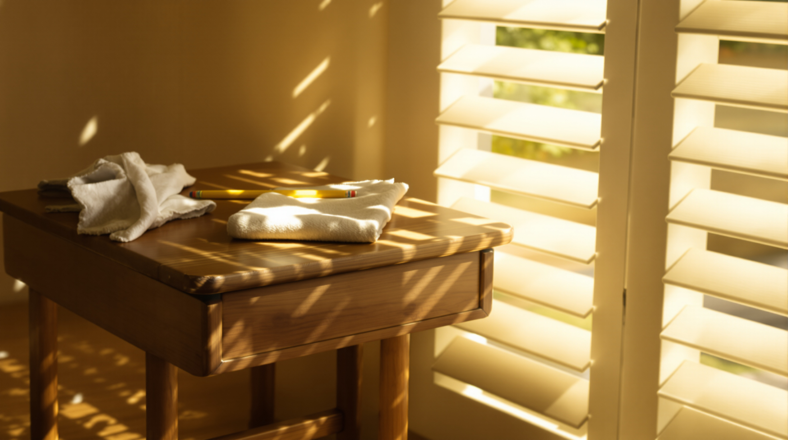 A small wooden school desk beside a louvred window, a pencil and a folded cloth on its top in late afternoon sunlight