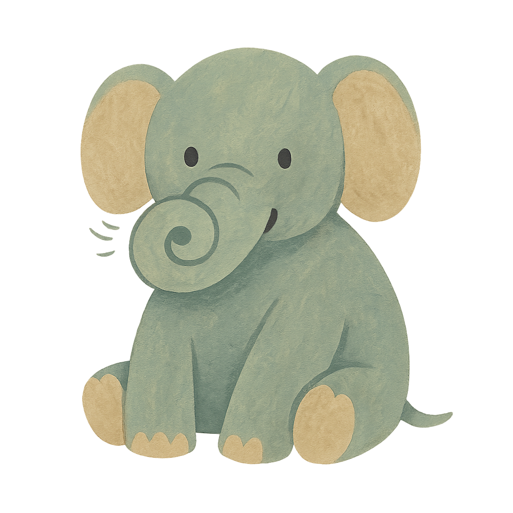 The Phayan elephant sitting with its trunk curled over into a tight roll in front of it