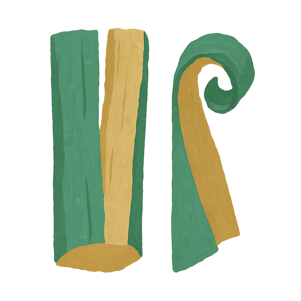 Two painted lengths of wood side by side, the left split down its length, the right curled over into a roll