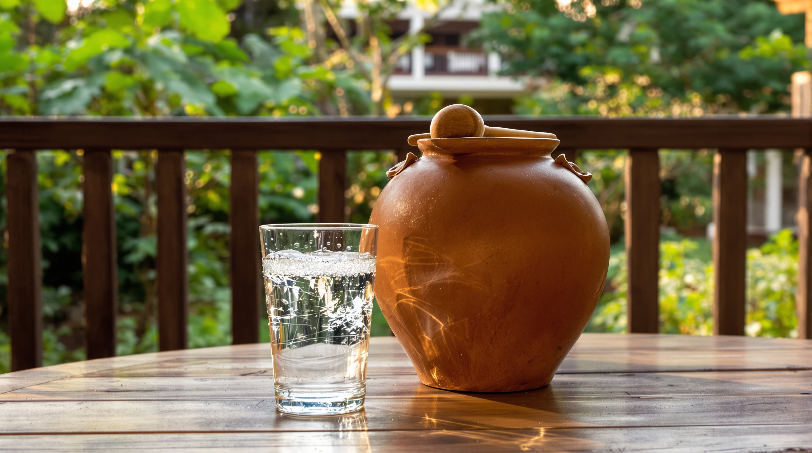 A terracotta water jar with a wooden dipper on its lid beside a glass of cold water on a teak table on a garden veranda in golden evening light