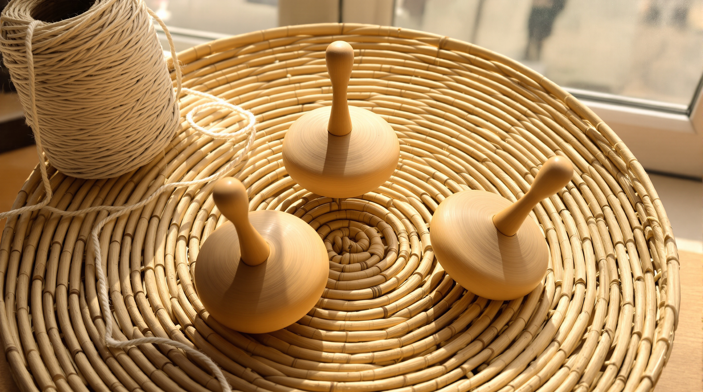 Three plain wooden spinning tops on a round woven rattan mat in warm window light, with a spool of cotton string beside them