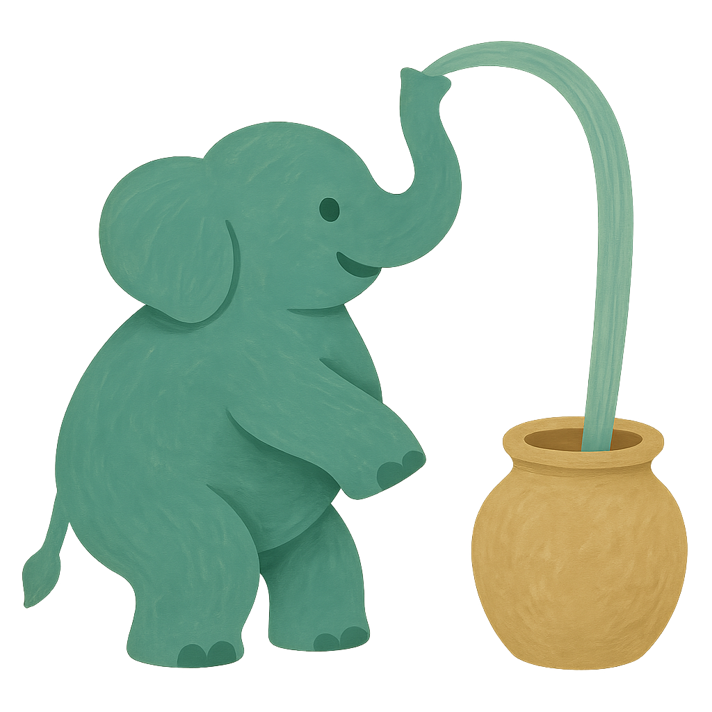 The Phayan elephant in jade gouache pouring a long curving stream of water from its trunk into an oat-coloured clay jar