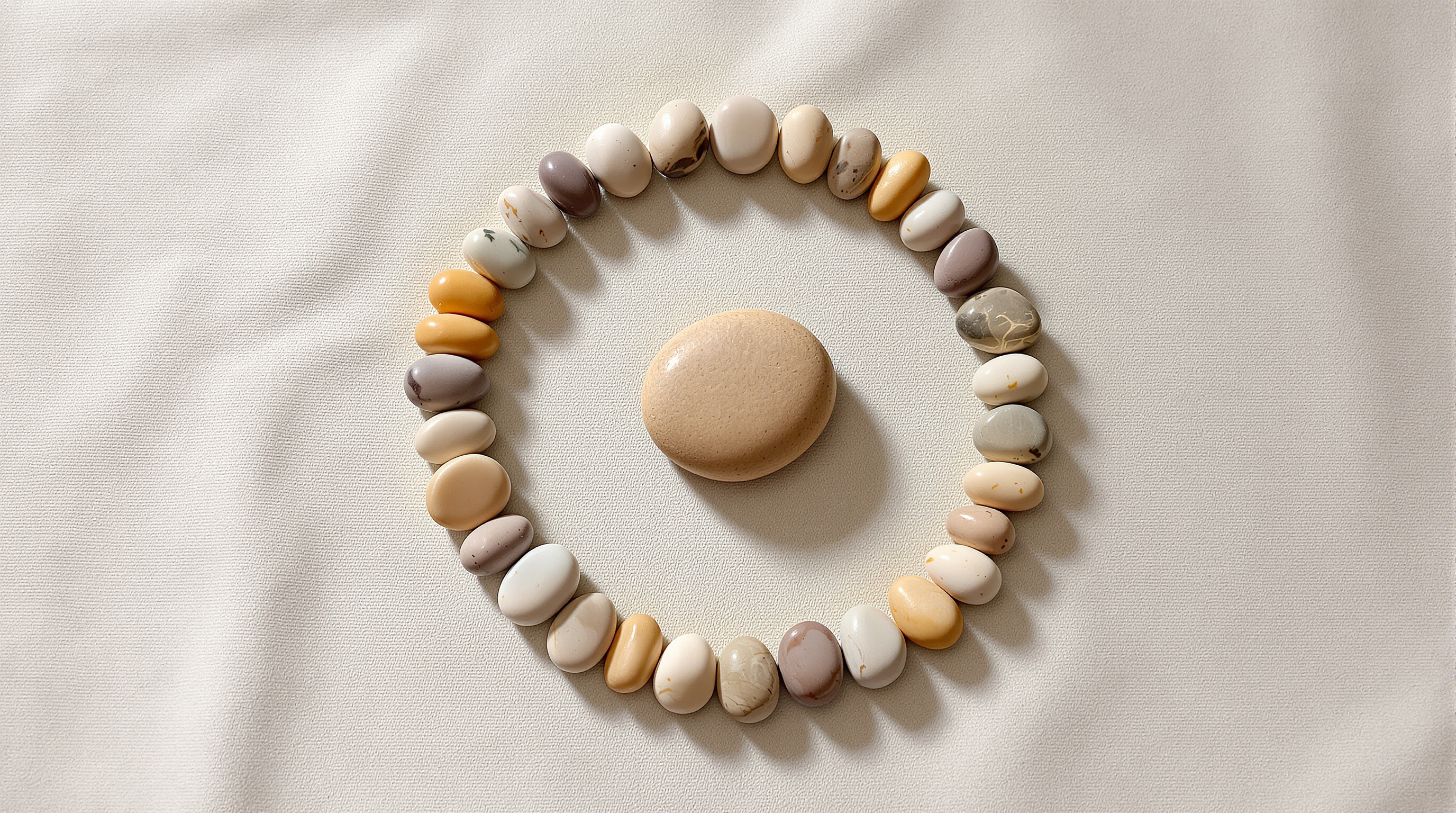 Pebbles arranged in a ring around one larger central pebble on pale linen