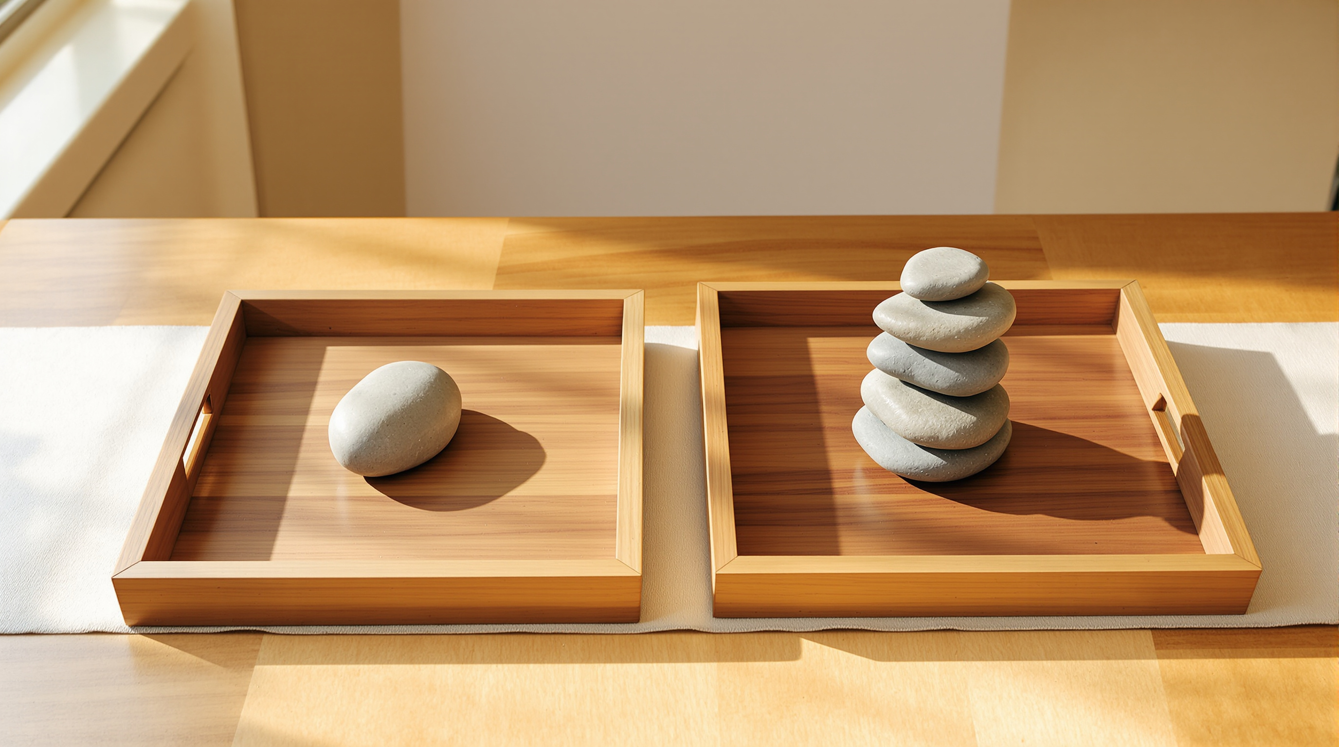 Two wooden trays on a linen runner: the left one holds a single stone lying flat with space around it, the right one holds five stones stacked upward