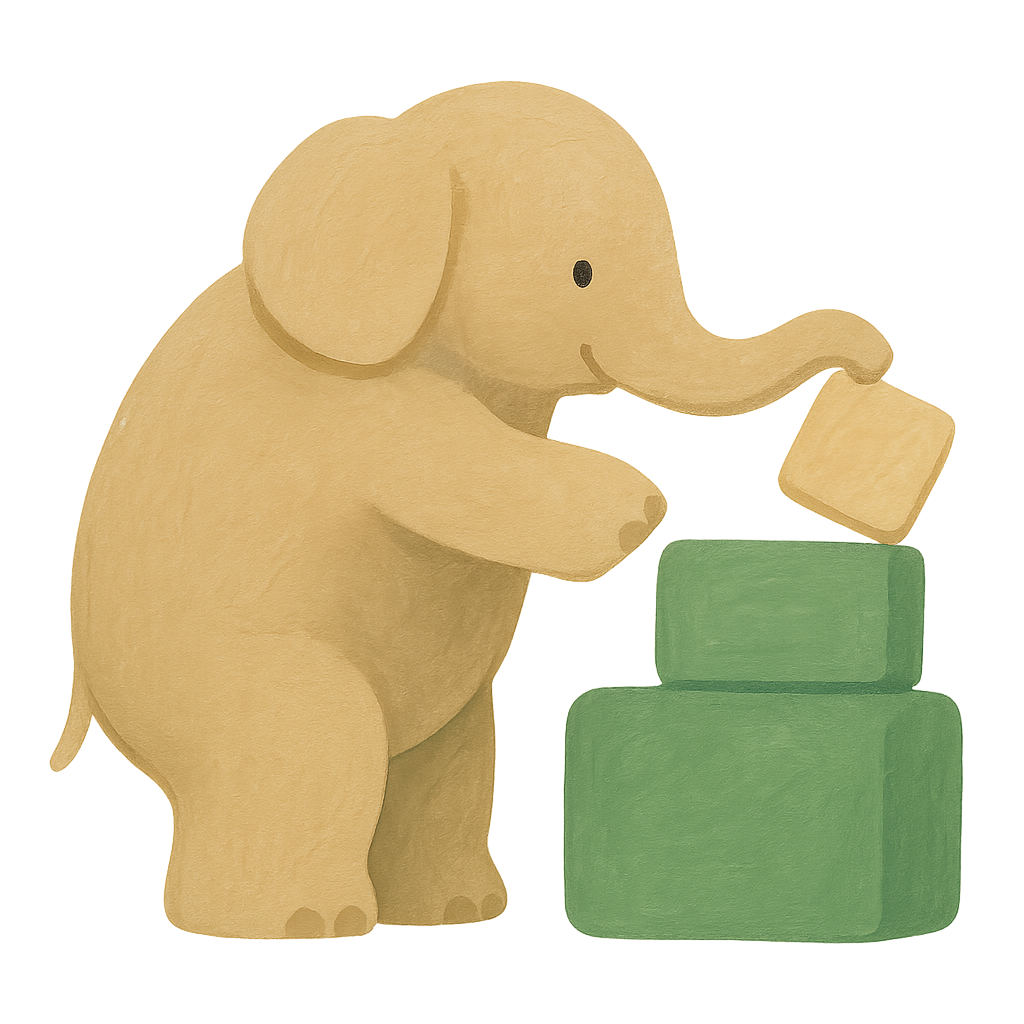 A painted illustration of the Phayan elephant lifting a small oat tile with its trunk and setting it on top of a stack of jade blocks