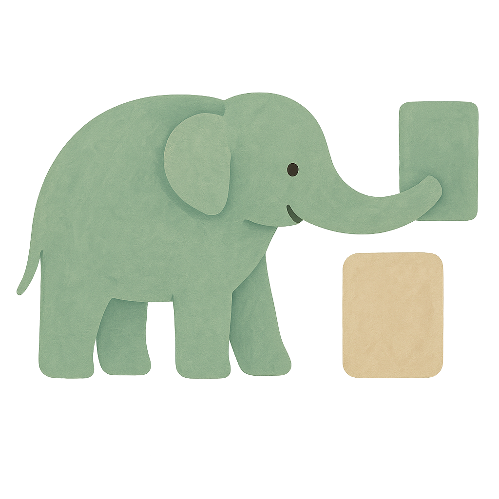The Phayan elephant in jade gouache reaching its trunk past a nearer oat-coloured tile to lift the jade tile standing behind it