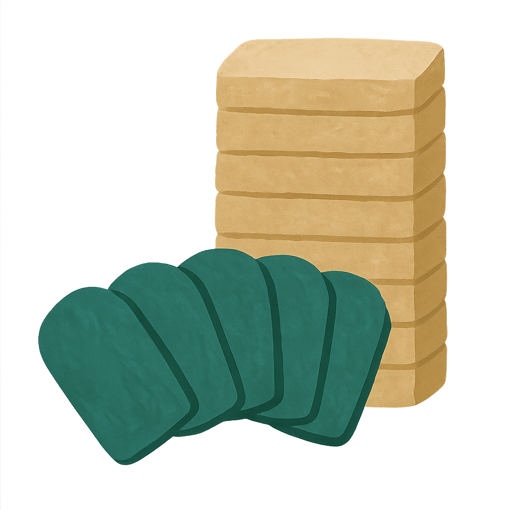 Gouache illustration of exactly five jade tiles fanned out in front of a tall stack of plain oat-coloured tiles