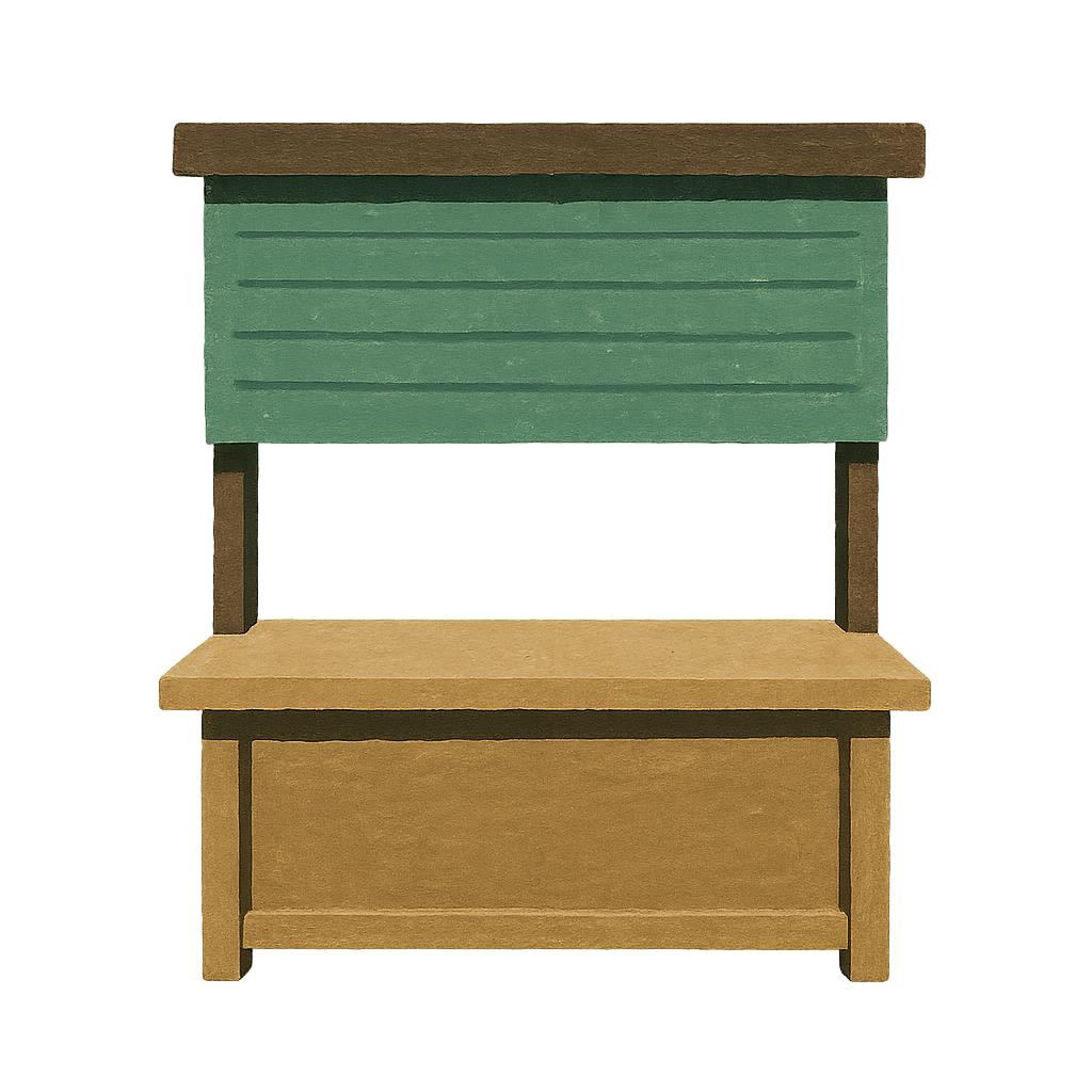 A painted wooden market stall with its green shutter pulled down over the counter, closed for the day