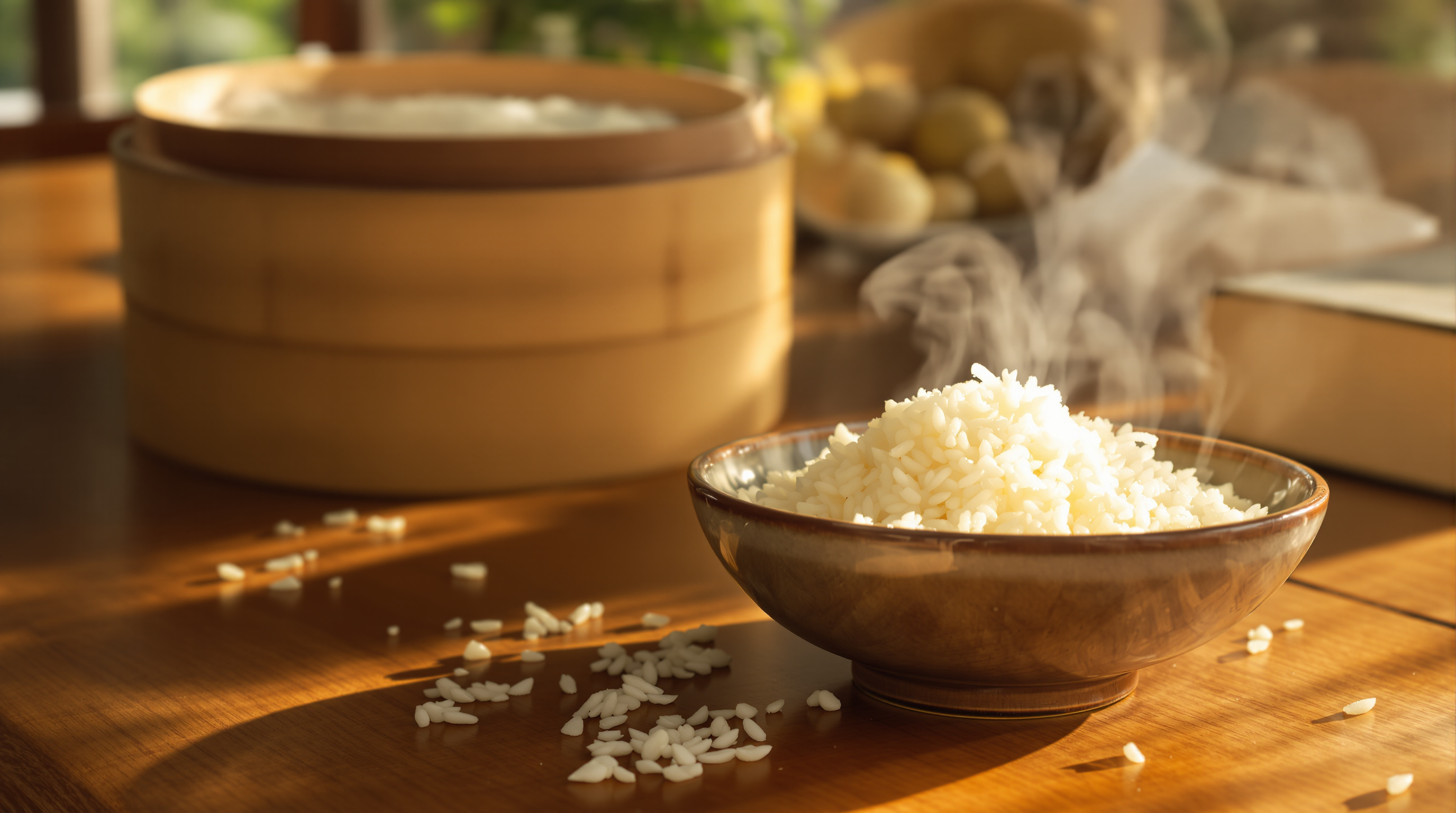 A shallow ceramic bowl of steamed jasmine rice on a worn teak table in warm late-afternoon light, a few loose grains beside it