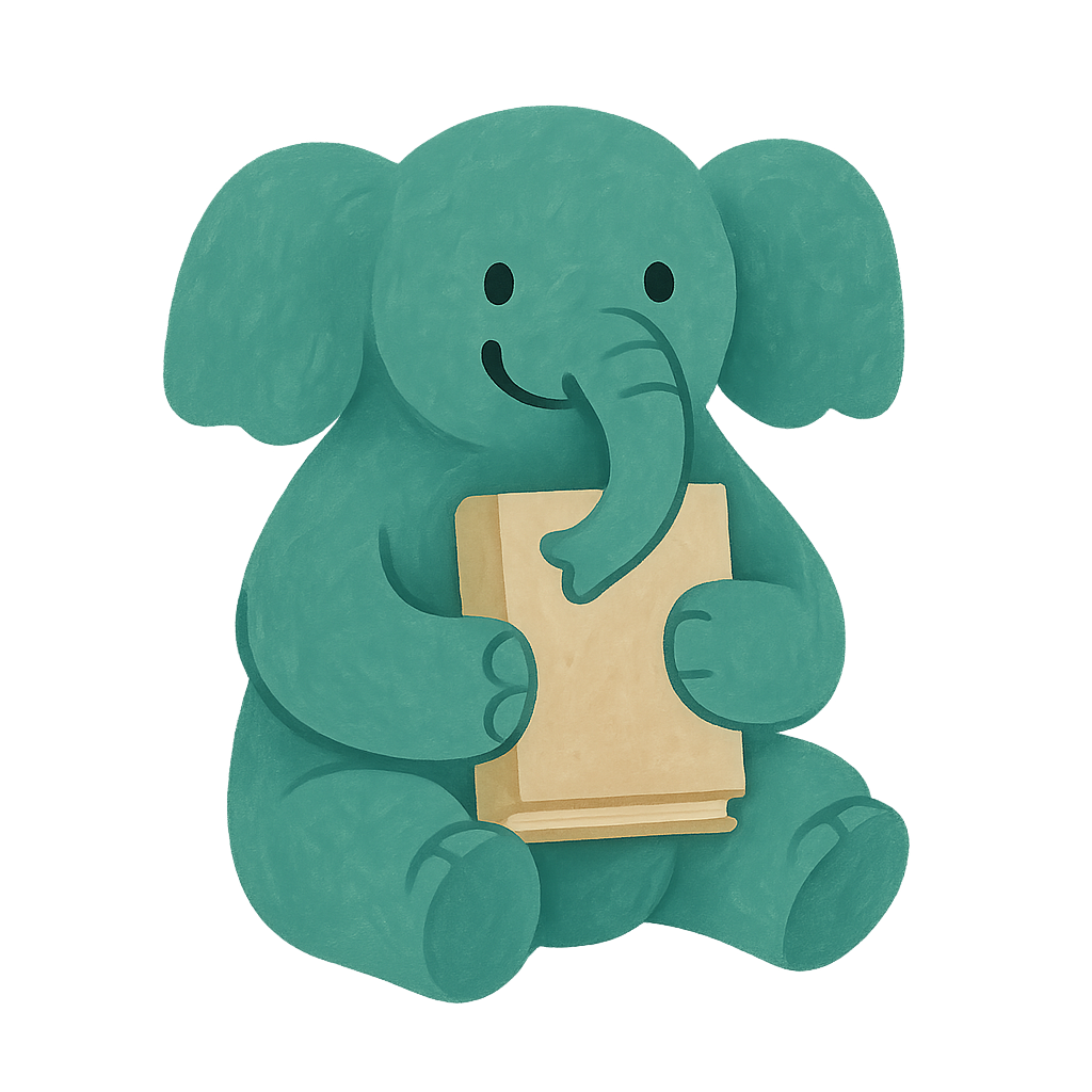 The Phayan elephant in gouache jade and oat, sitting and holding a closed oat-coloured book with its trunk