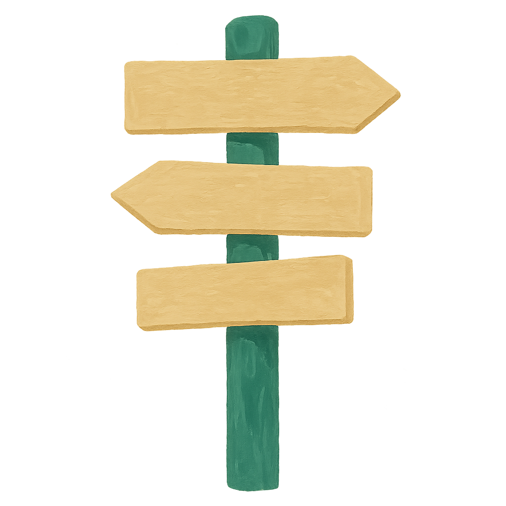 A gouache signpost in jade with three blank oat-coloured arrow boards pointing three different ways