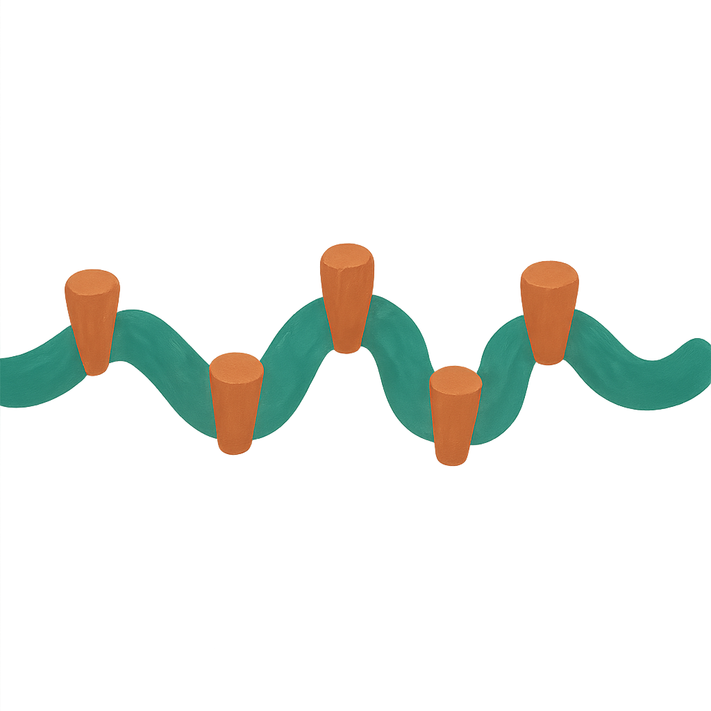 An unbroken jade rope in a wavy line with five clay pegs pushed in at intervals