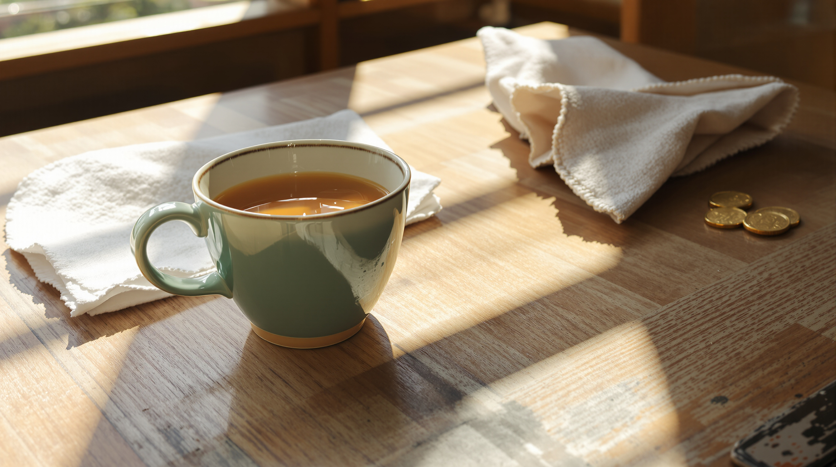 A small ceramic cup of iced tea on a worn wooden table beside a folded cotton napkin and a few coins, warm afternoon sun through an open shutter