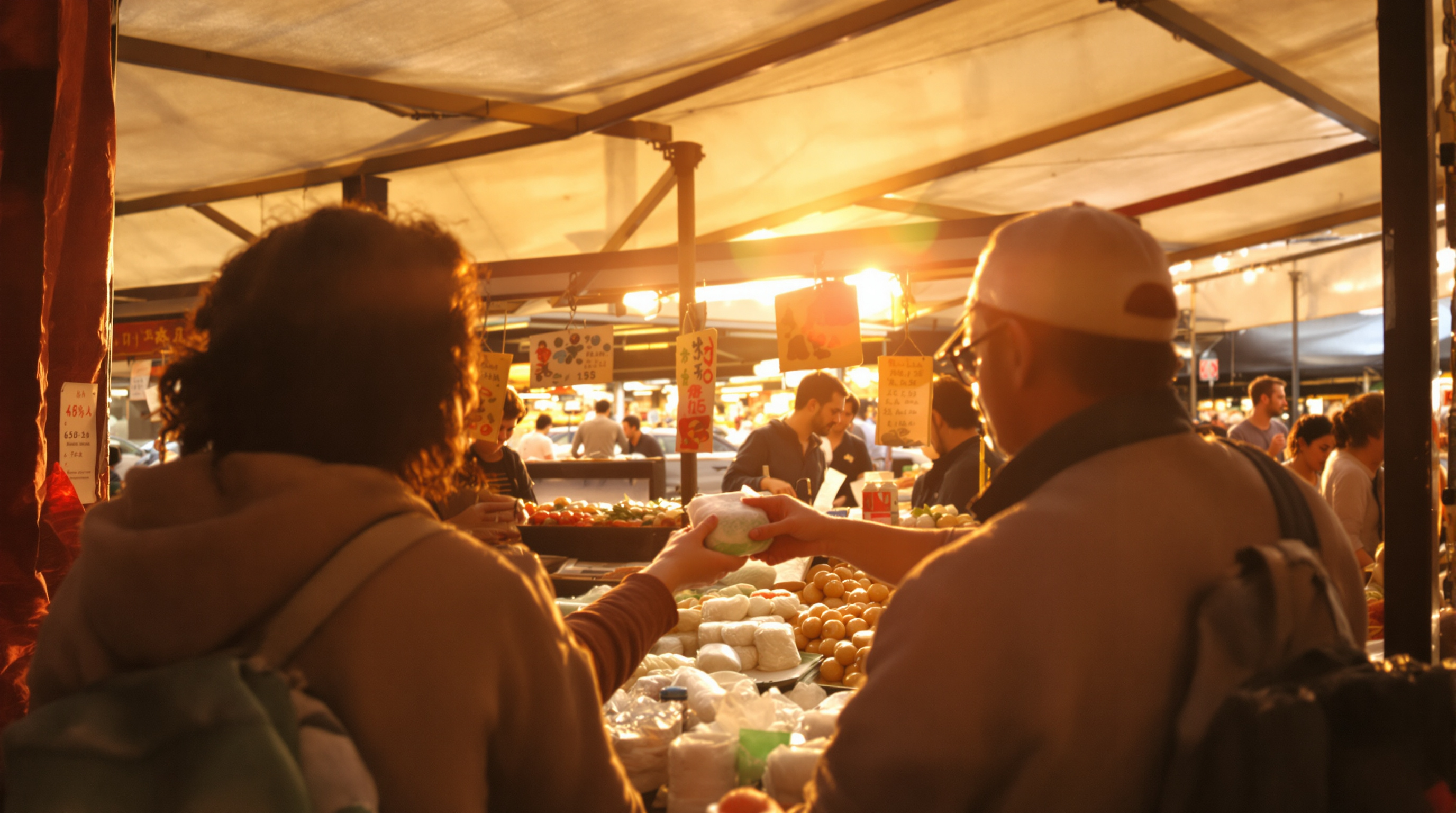 Two people at a covered market stall seen from behind, one handing a small paper-wrapped parcel to the other in warm afternoon light