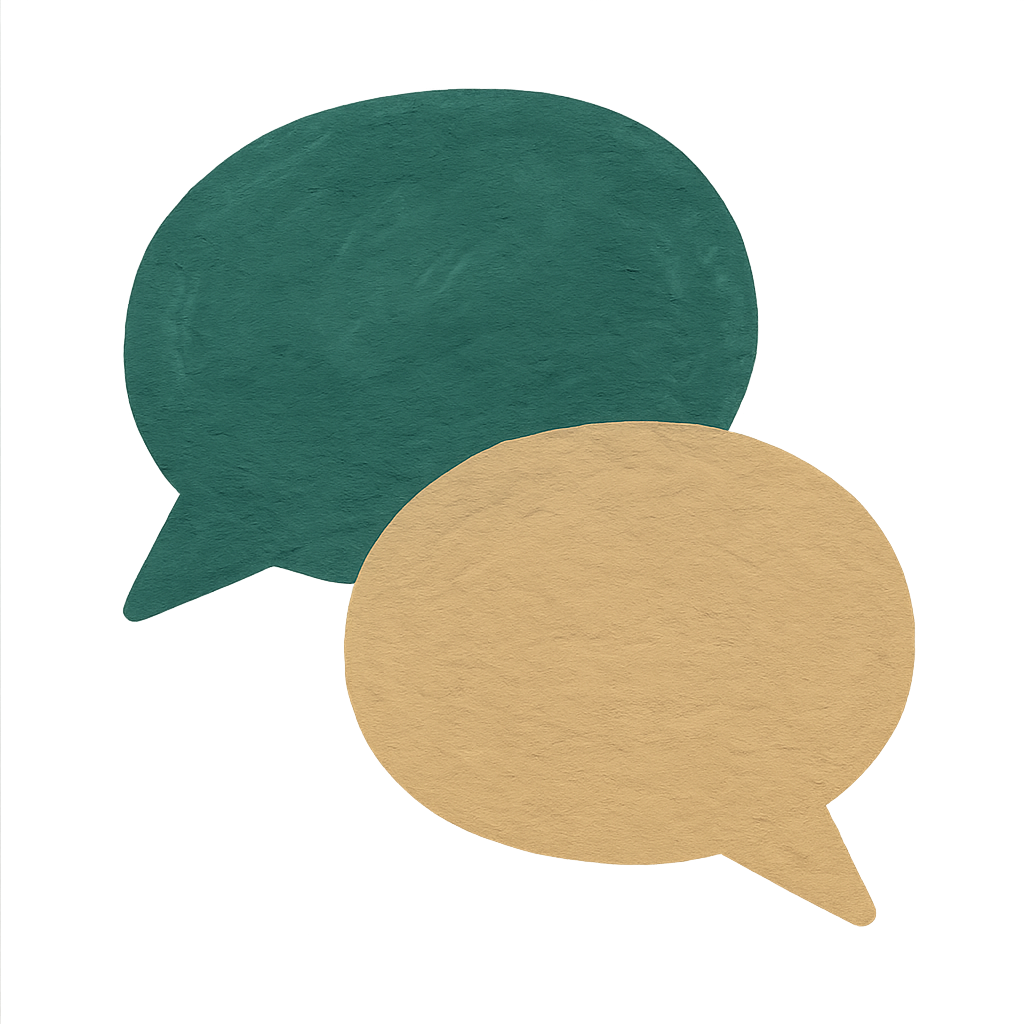 A painted gouache illustration of two chunky overlapping speech bubbles in jade and oat, one sitting slightly higher than the other